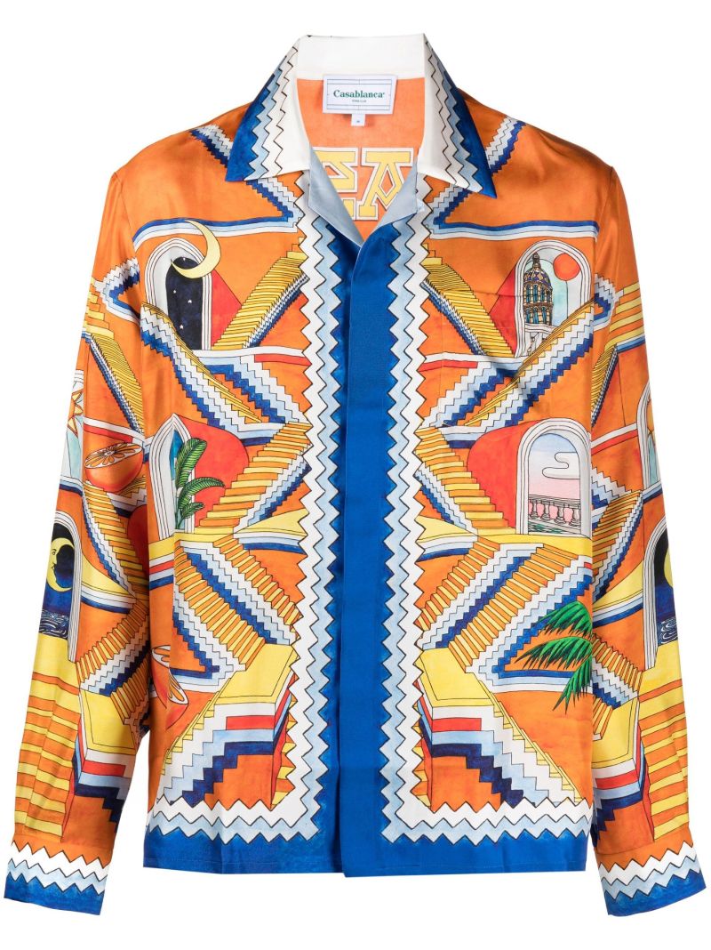 Orange Escalier Infini Print Silk Shirt
