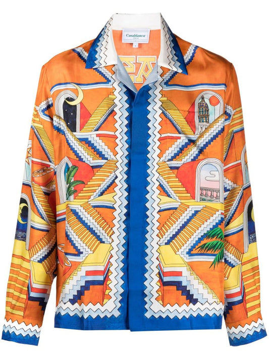 Orange Escalier Infini Print Silk Shirt