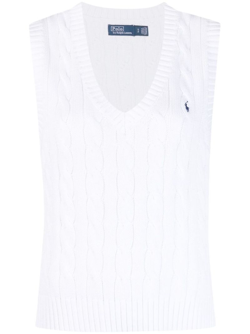 White Logo Embroidered Cable Knit Vest