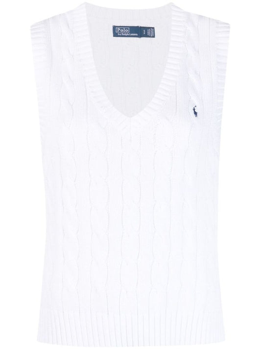 White Logo Embroidered Cable Knit Vest