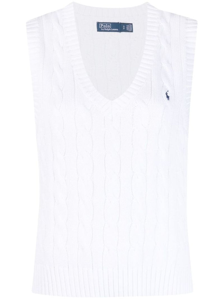 White Logo Embroidered Cable Knit Vest
