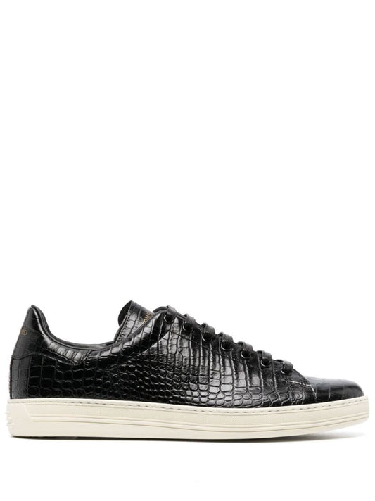 Black Crocodile-embossed Leather Sneakers