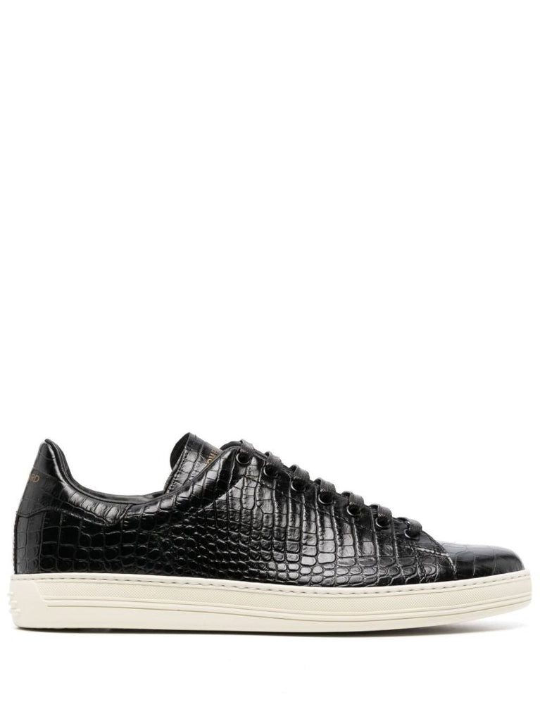 Black Crocodile-embossed Leather Sneakers