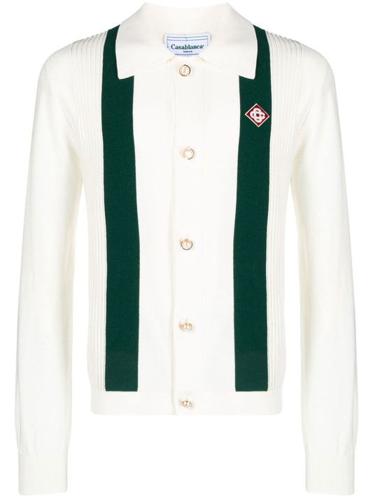 White Logo Patch Ribbed Cardigan