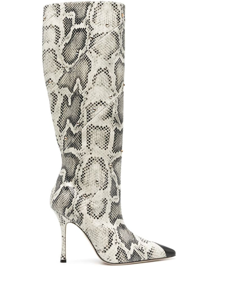 White 110 Snake Print Knee-high Boots