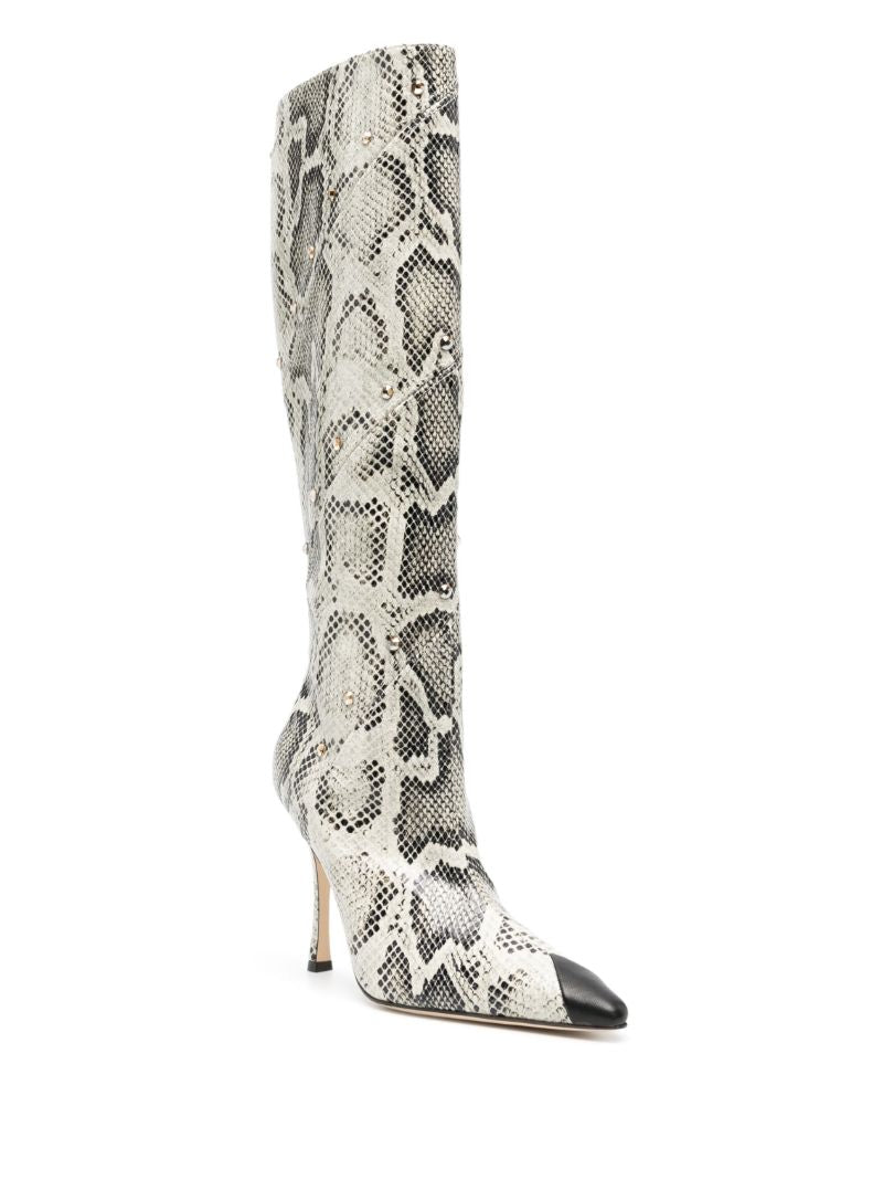 White 110 Snake Print Knee-high Boots
