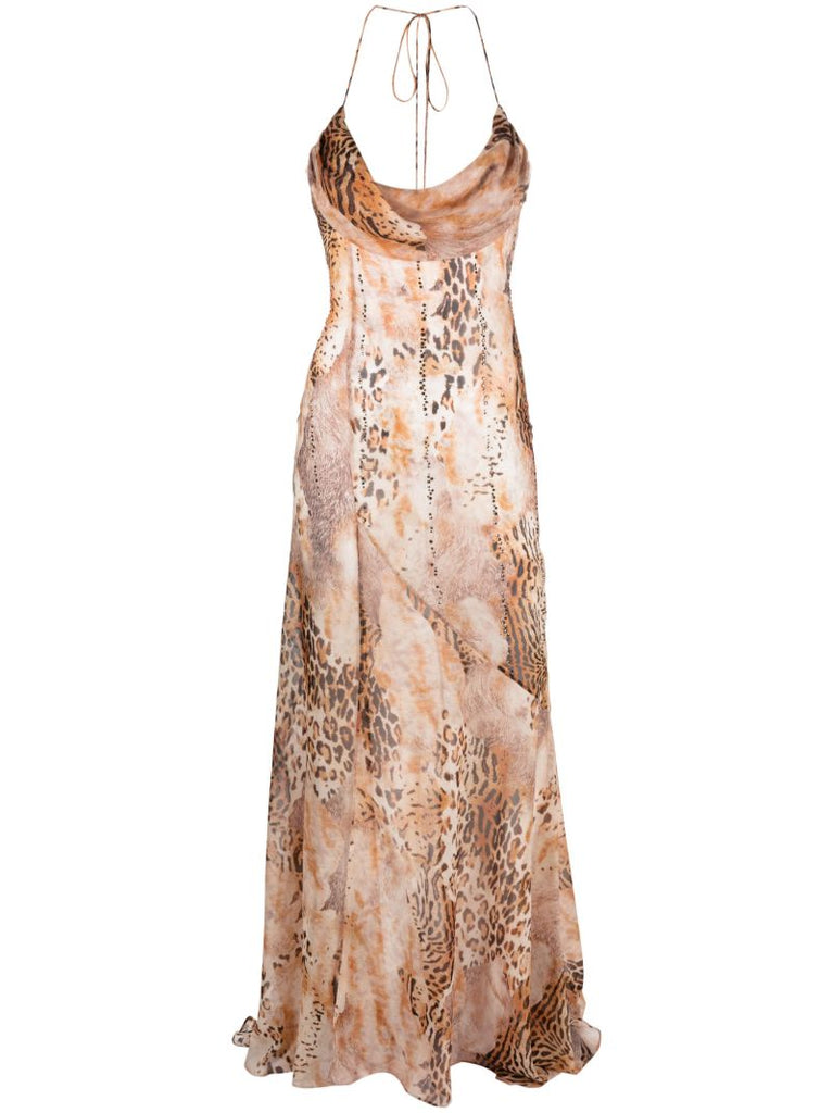 Brown Leopard Print Silk Maxi Dress