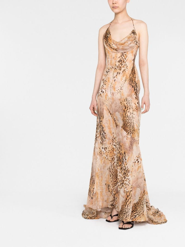 Brown Leopard Print Silk Maxi Dress