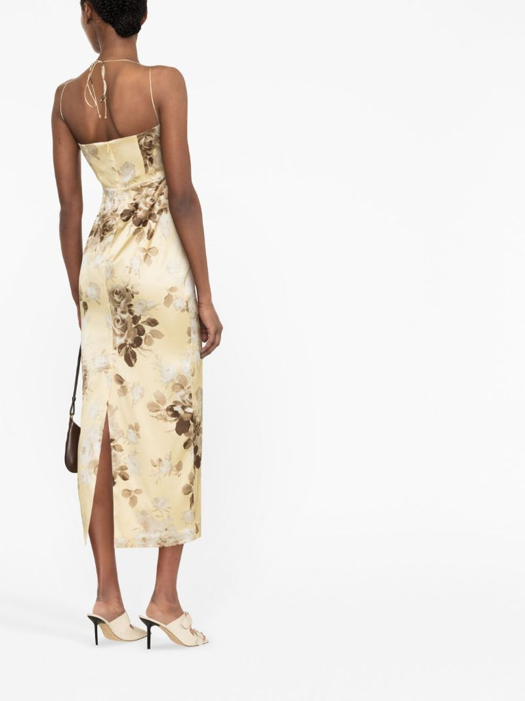 Neutral Floral Print Silk Dress