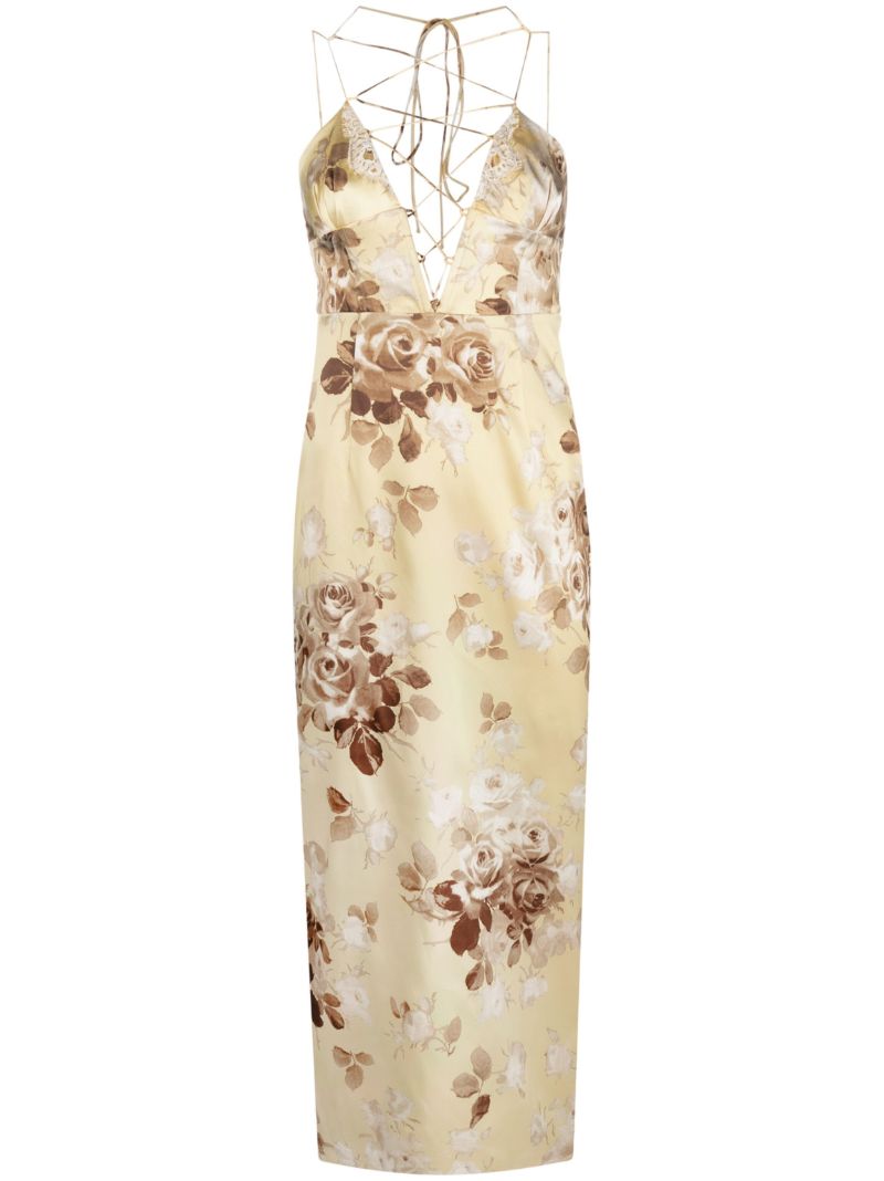 Neutral Floral Print Silk Dress