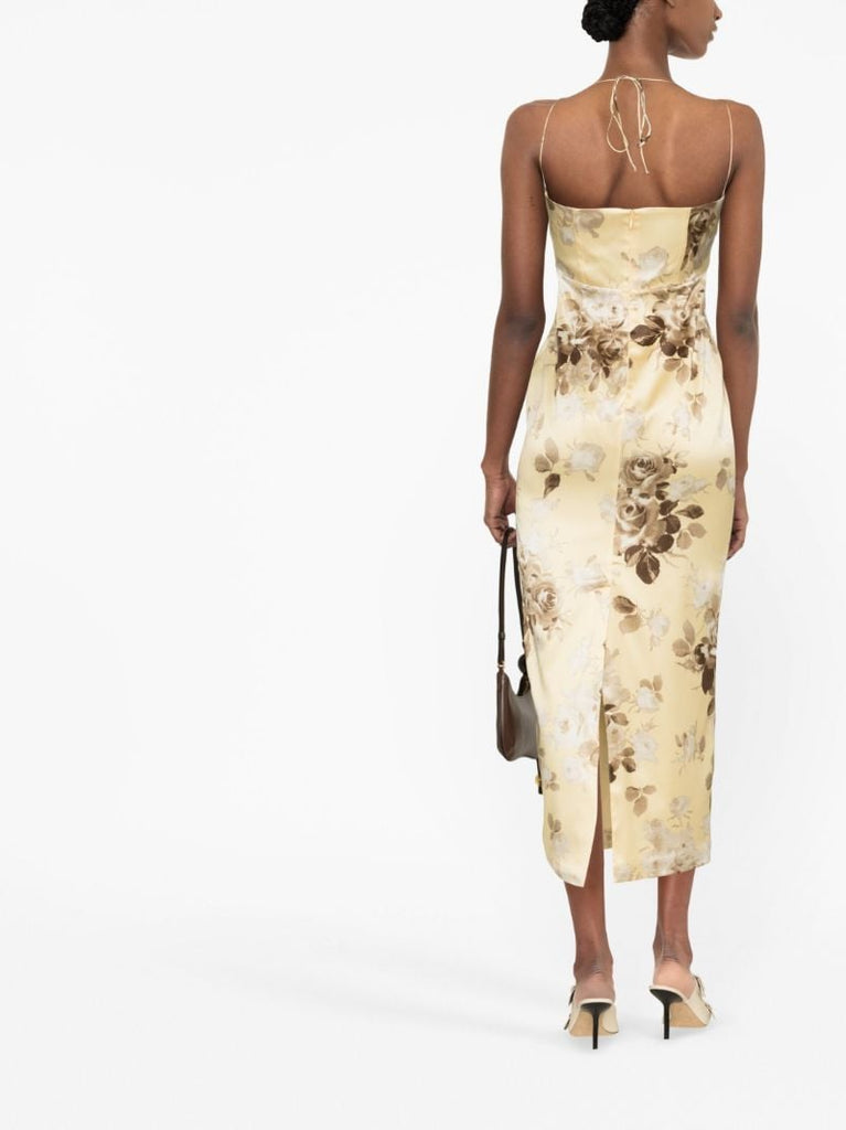 Neutral Floral Print Silk Dress