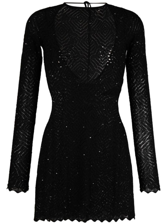 Black Crystal-embellished Lace Mini Dress