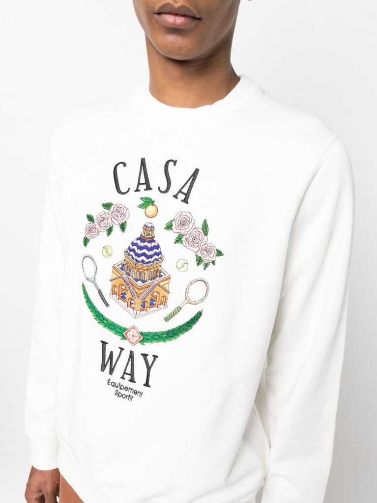 White Casa Way Embroidered Crew Neck Sweatshirt