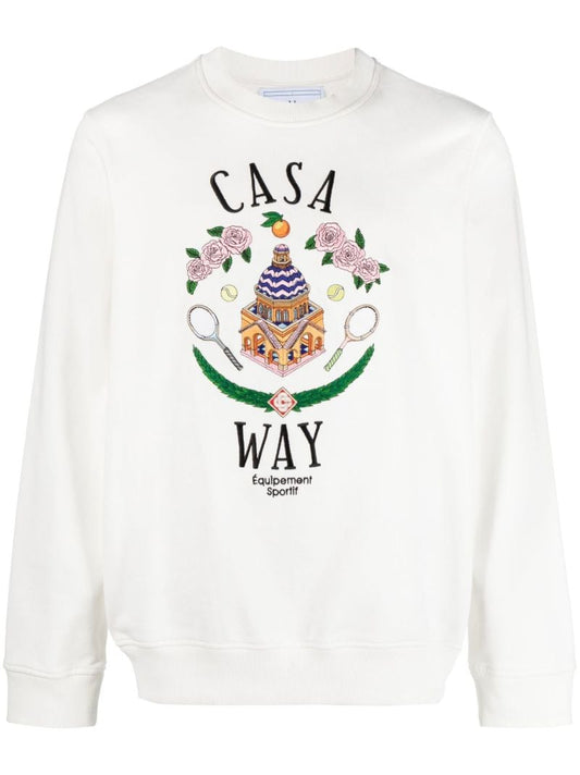 White Casa Way Embroidered Crew Neck Sweatshirt