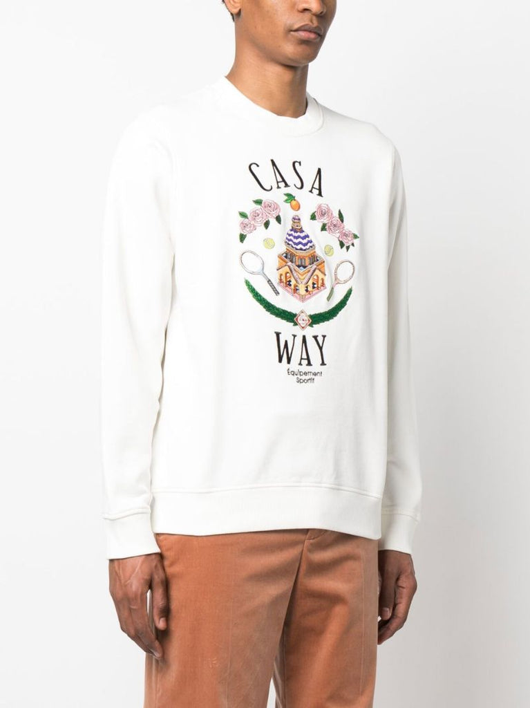 White Casa Way Embroidered Crew Neck Sweatshirt
