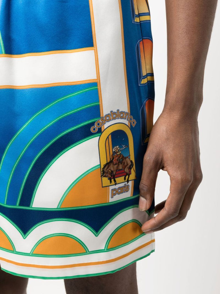 Blue Paysage Printed Silk Shorts