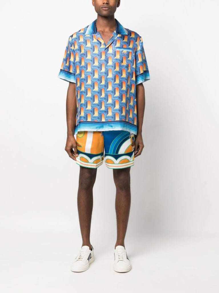 Blue Paysage Printed Silk Shorts