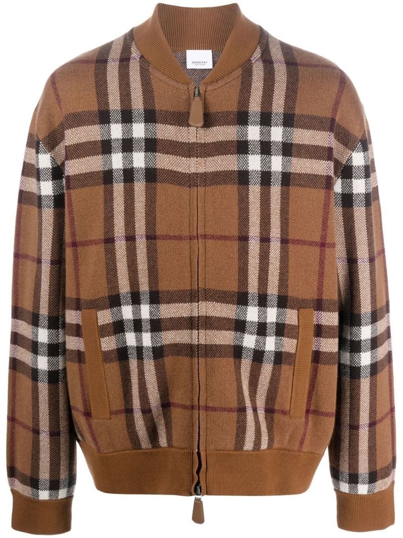 Brown Vintage Check Cashmere Bomber Jacket
