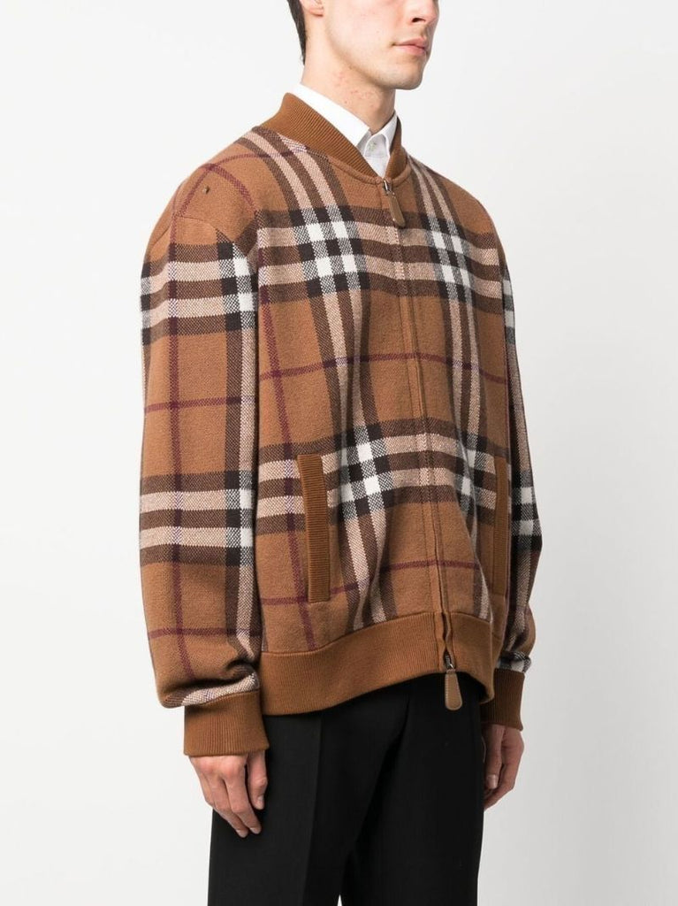 Brown Vintage Check Cashmere Bomber Jacket