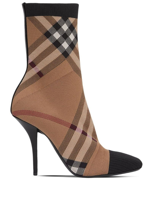 Brown Knitted Check Sock Boots