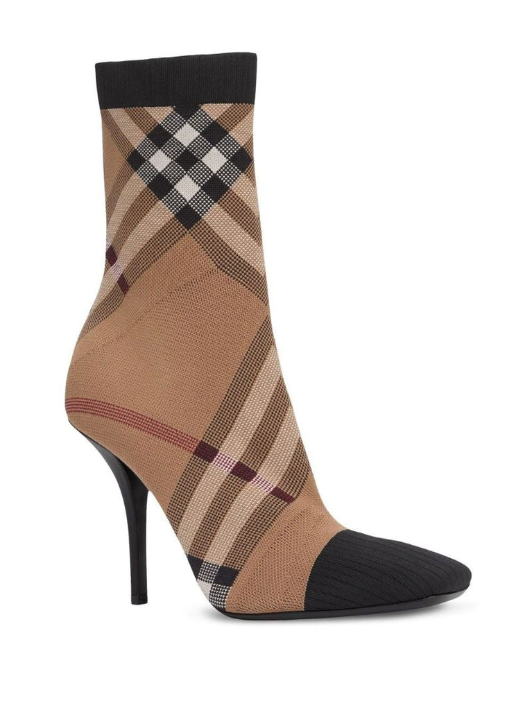 Brown Knitted Check Sock Boots