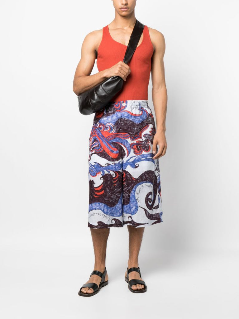 X Noviadi Angkasapura Blue Cotton Printed Bermuda Shorts
