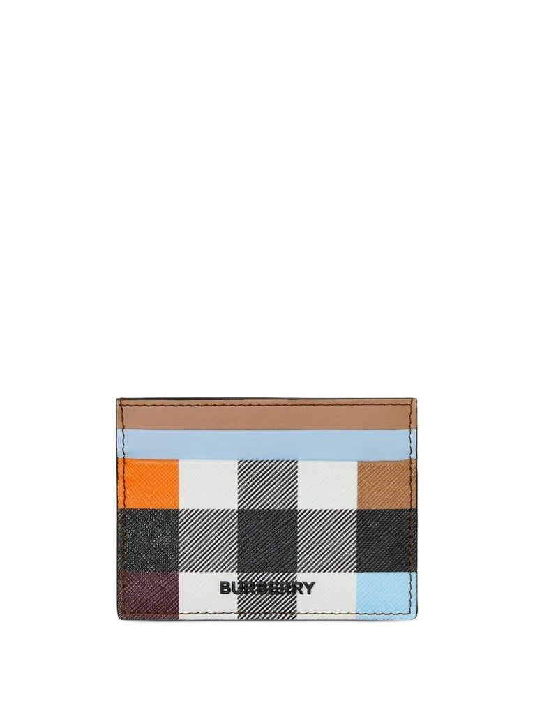 Brown Colourblock Check Leather Card Holder
