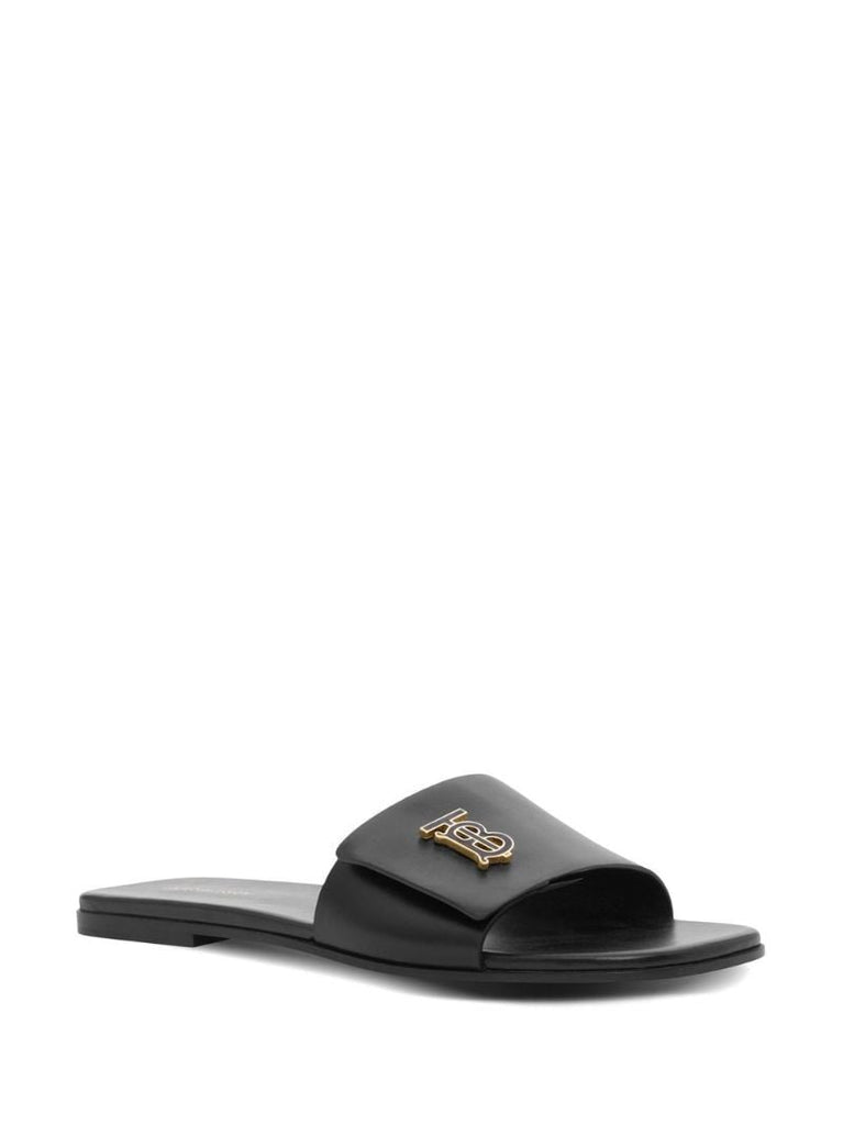 Black Logo Plaque Leather Slides