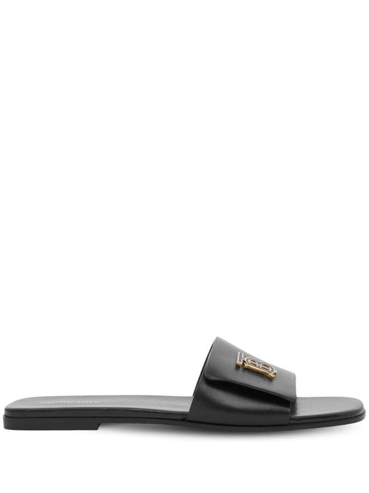 Black Logo Plaque Leather Slides