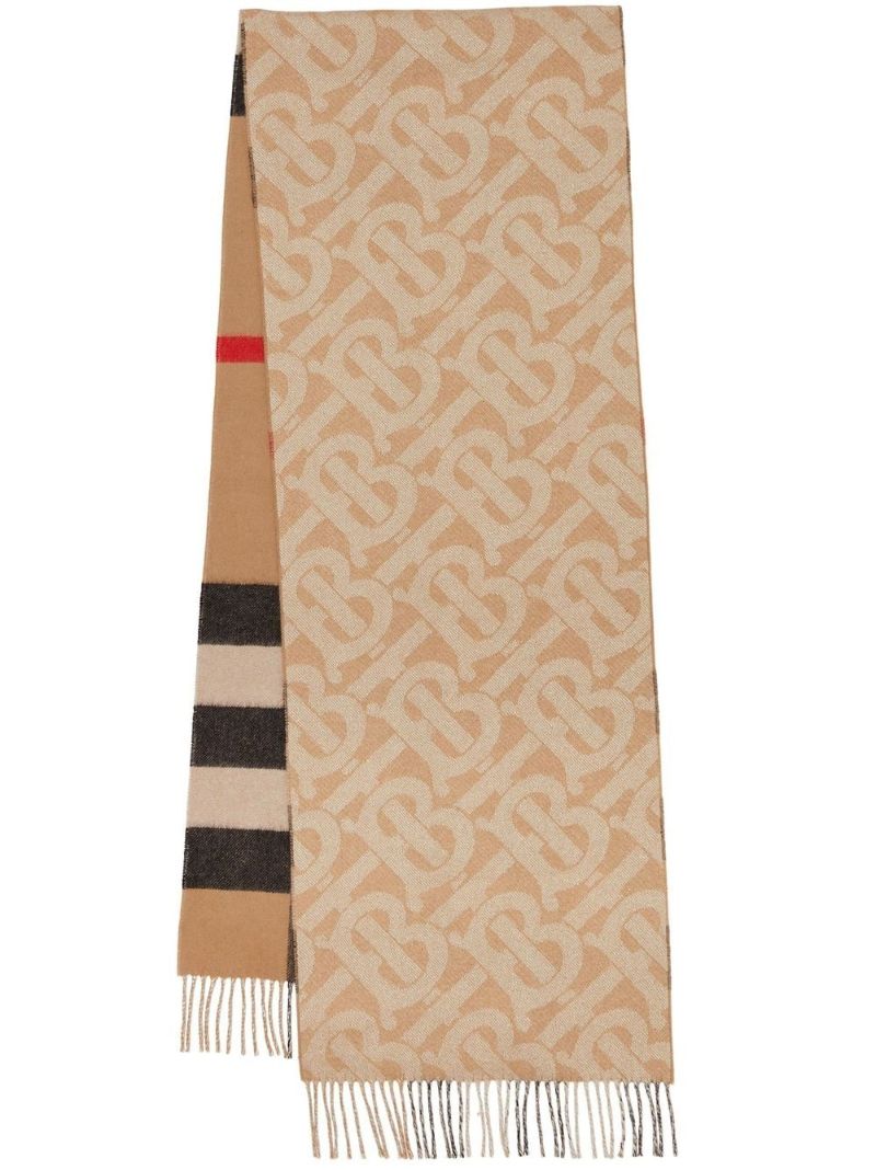 Beige Reversible Check and Monogram Cashmere Scarf