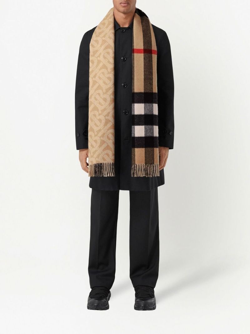 Beige Reversible Check and Monogram Cashmere Scarf