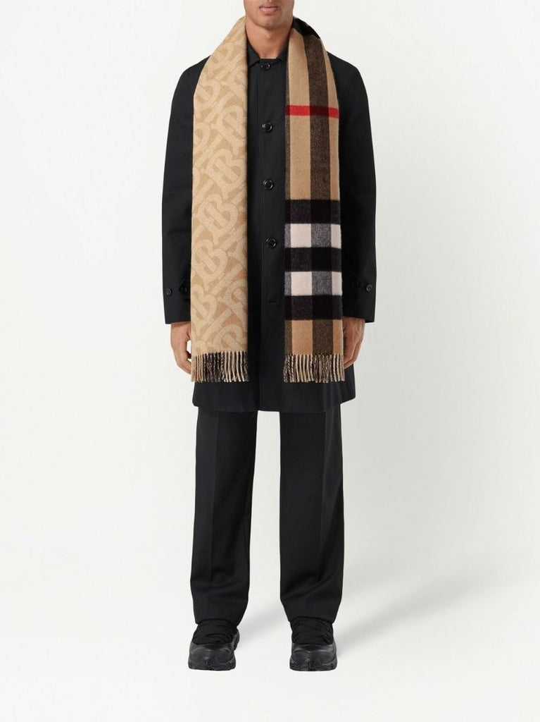 Beige Reversible Check and Monogram Cashmere Scarf