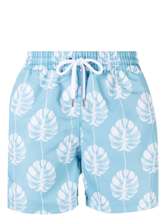 Blue Leaf Print Swim Shorts