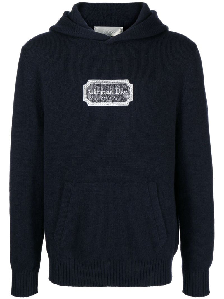 Blue Logo Embroidered Cashmere Hoodie