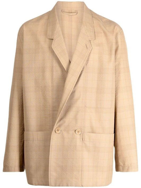 Brown Check Print Double-breasted Blazer