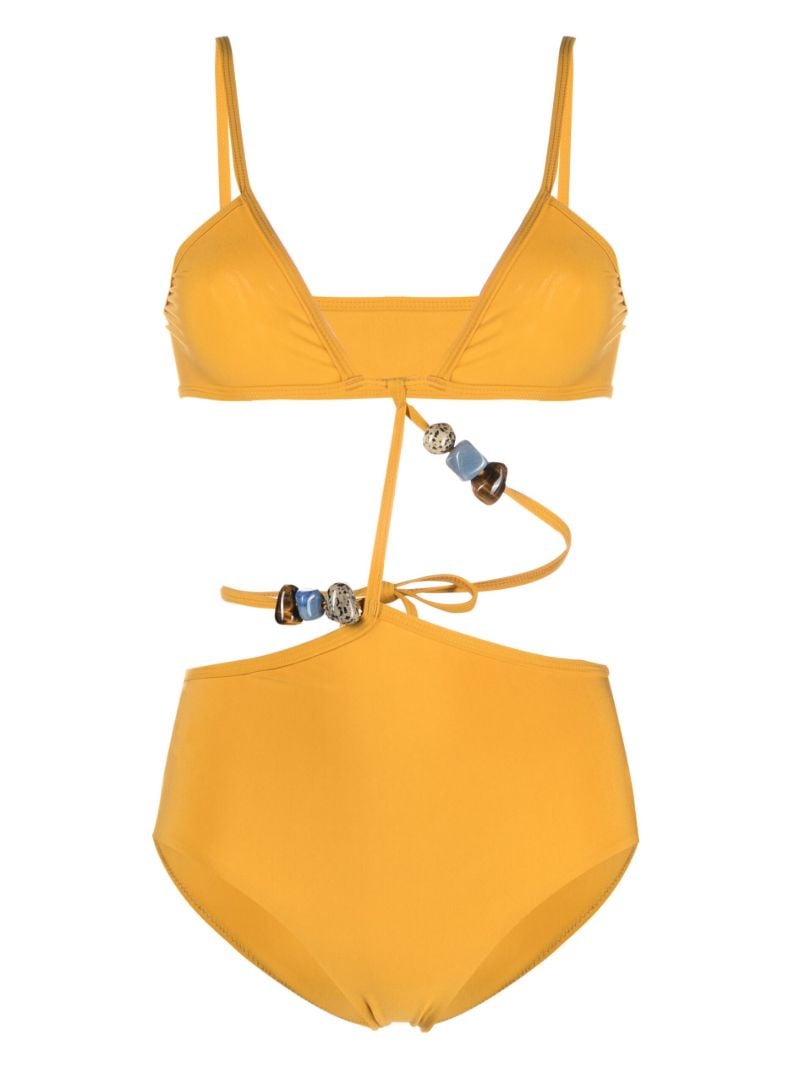 Yellow Displace Stone-embellished Cut-out Swimsuit