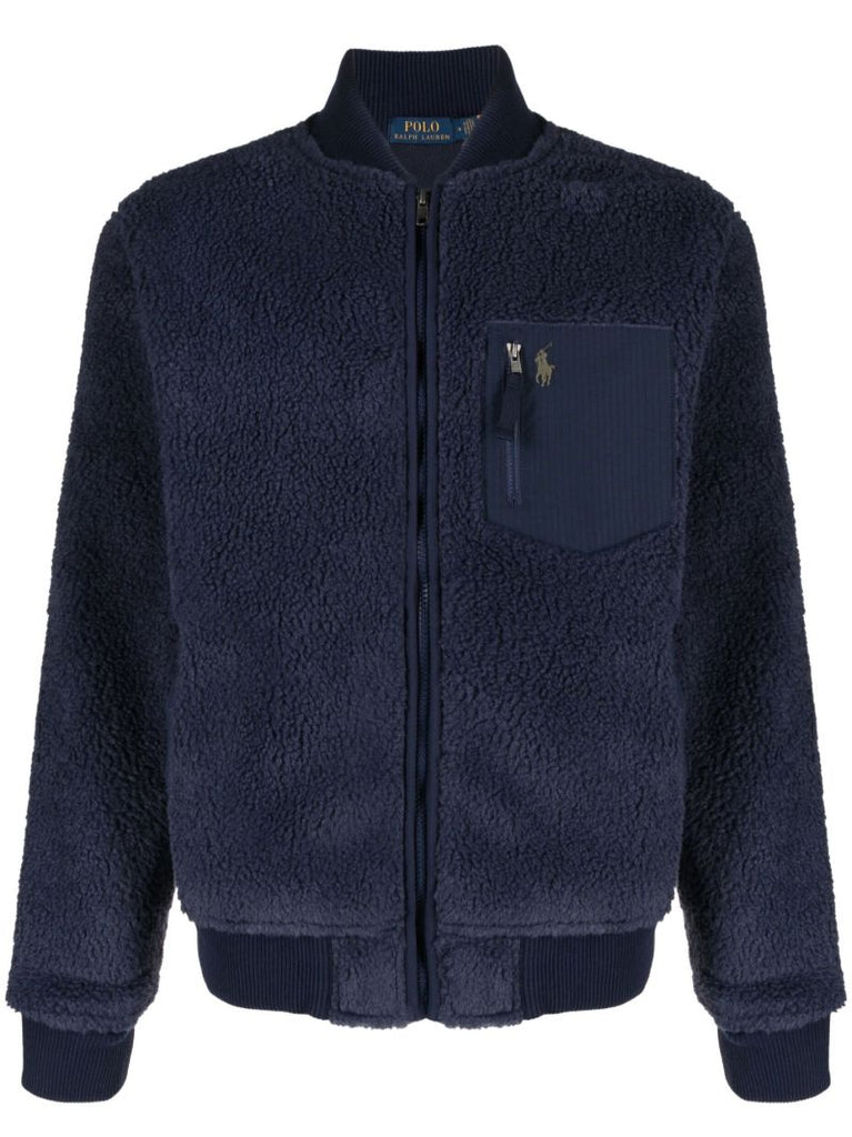 Blue Logo Embroidered Fleece Bomber Jacket