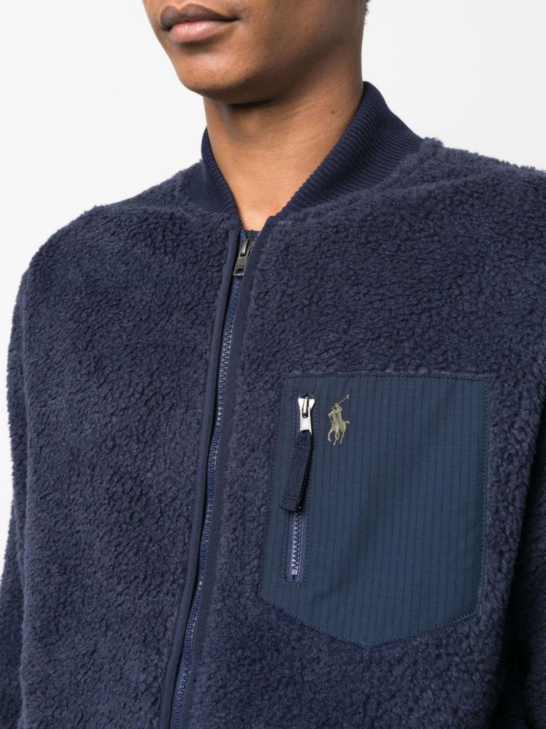 Blue Logo Embroidered Fleece Bomber Jacket