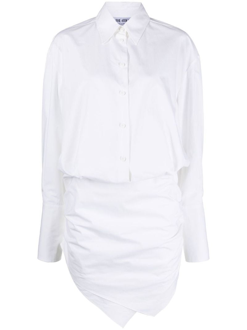 White Ruched Cotton Shirt Dress
