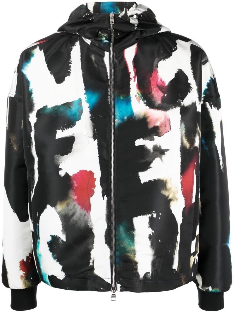 Black Graffiti Print Hooded Windbreaker
