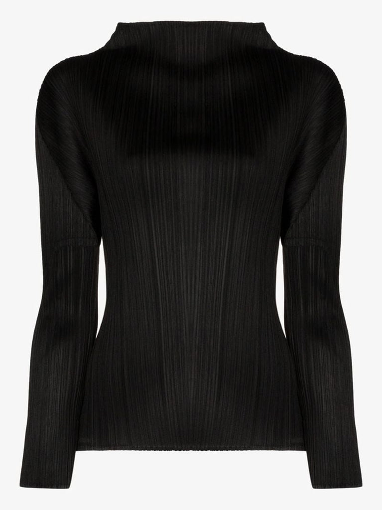 Black PlissÃ© Mock Neck Top
