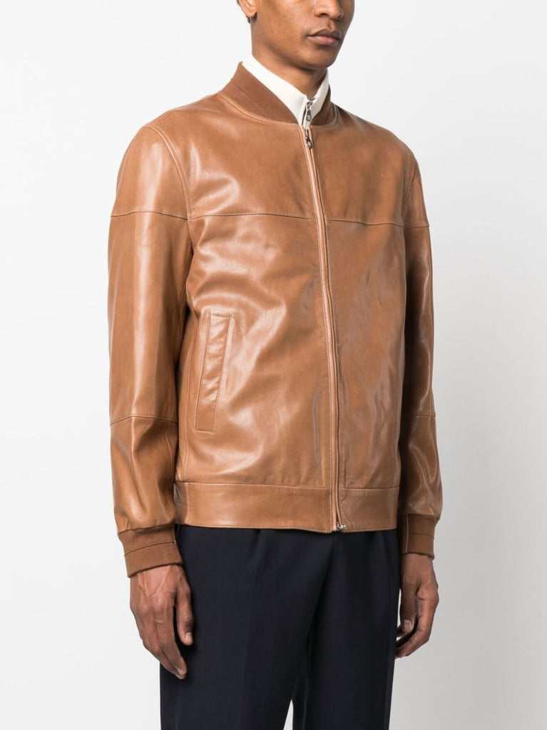 Brown Zip Up Leather Bomber Jacket
