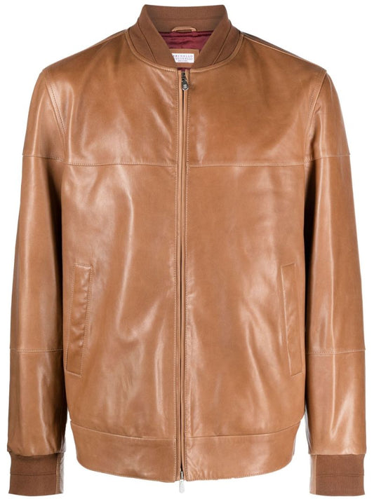 Brown Zip Up Leather Bomber Jacket