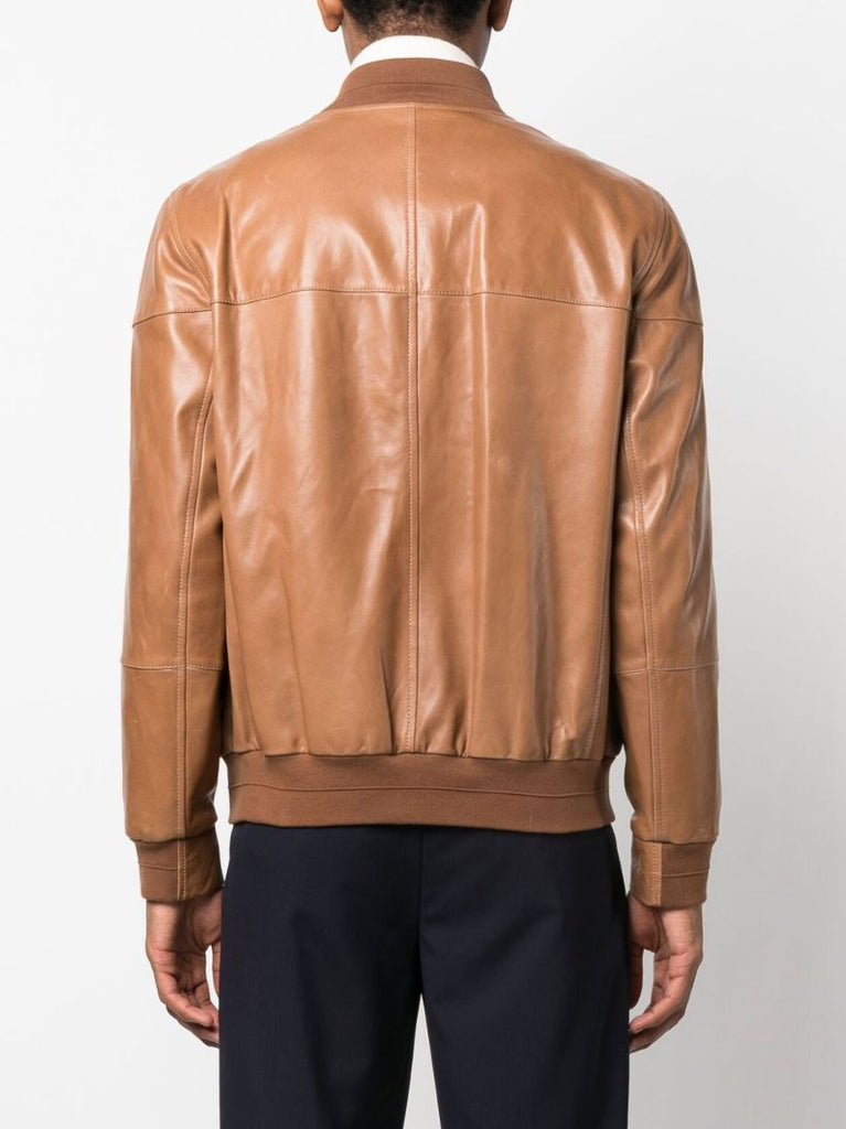 Brown Zip Up Leather Bomber Jacket