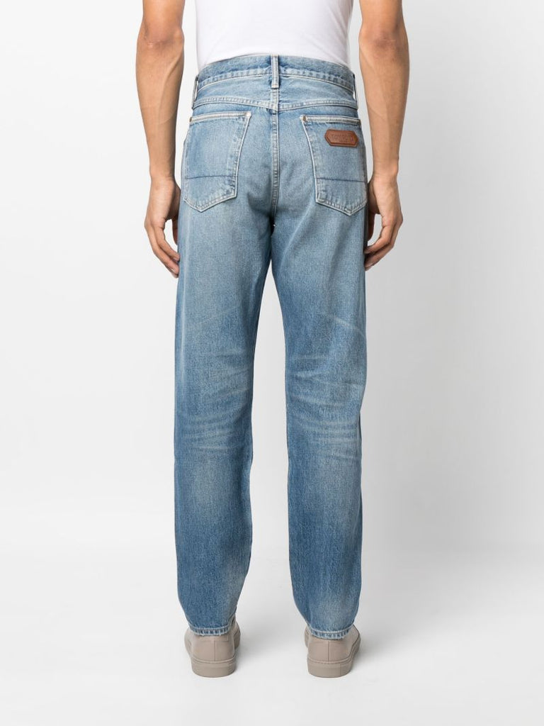 Blue Distressed Tapered Jeans