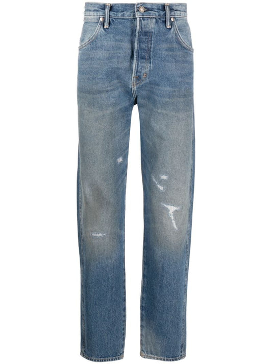 Blue Distressed Tapered Jeans
