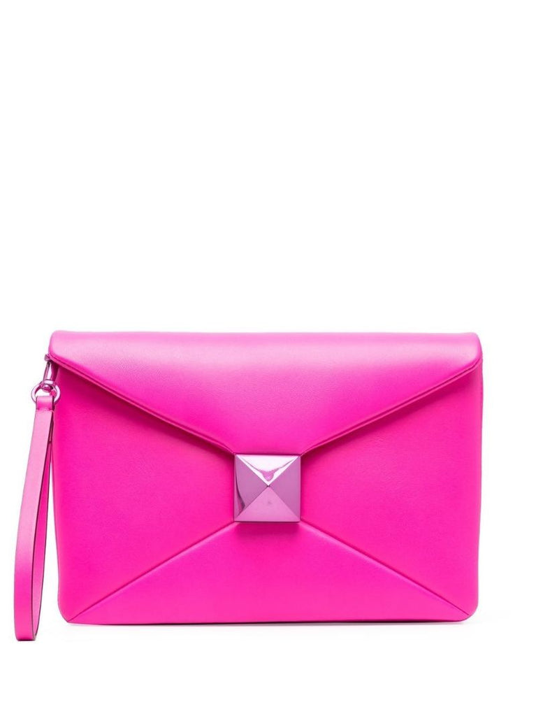 Pink Rockstud Leather Envelope Clutch Bag