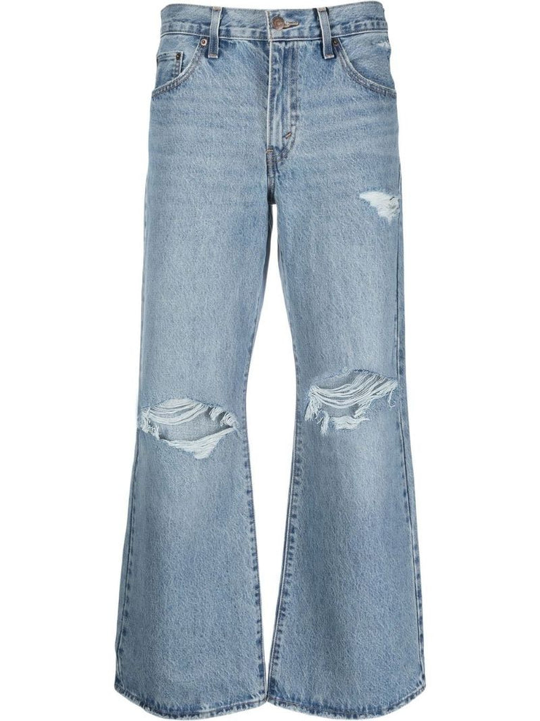 Blue Baggy Bootcut Distressed Jeans