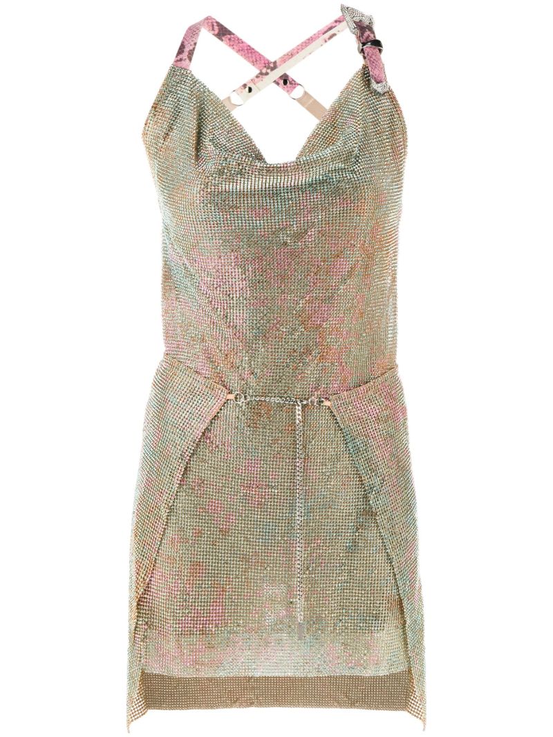 Blue Adrienne Crystal Chain Mail Mini Dress