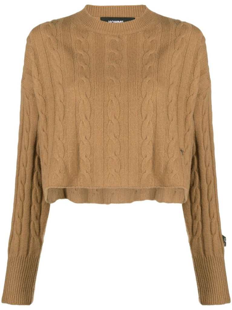 Brown Cropped Cable-knit Wool Sweater
